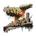 a nuclear explosion mushroom cloud destroying a city in a rectangular picture frame hanging on a wall tattoo design idea