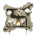 a nuclear explosion mushroom cloud destroying a city in a rectangular picture frame hanging on a wall tattoo design idea