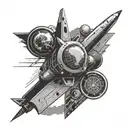 a rectangular poster frame. the image in the frame is advertising space flight. retro futuristic style tattoo design idea