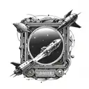 a rectangular poster frame. the image in the frame is advertising space flight. retro futuristic style tattoo design idea