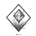 a diamond balancing on top of a single blade of grass using bold black lines in a bold black frame tattoo design idea