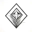 a diamond balancing on top of a single blade of grass using bold black lines in a bold black frame tattoo design idea
