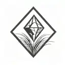 a diamond balancing on top of a single blade of grass using bold black lines in a bold black frame tattoo design idea