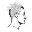 a human head laying back on a pillow with geometric shapes like a maze coming out of the top of his head tattoo design idea