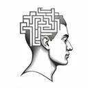 a human head laying back on a pillow with geometric shapes like a maze coming out of the top of his head tattoo design idea