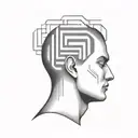 a human head laying back on a pillow with geometric shapes like a maze coming out of the top of his head tattoo design idea