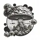a nuclear explosion mushroom cloud contained within a perfect black circle tattoo design idea