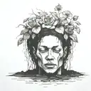 a head poking out of the soil of a muddy grave with soil on top of the head and flowers growing out of the top tattoo design idea