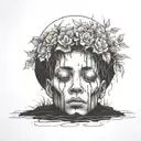a head poking out of the soil of a muddy grave with soil on top of the head and flowers growing out of the top tattoo design idea