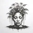 a head poking out of the soil of a muddy grave with soil on top of the head and flowers growing out of the top tattoo design idea