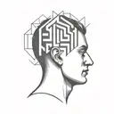 a human head laying back on a pillow with geometric shapes like a maze coming out of the top of his head tattoo design idea