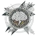 a brain inside a circular frame with geometric patterns shooting from it tattoo design idea