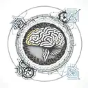 a brain inside a circular frame with geometric patterns shooting from it tattoo design idea