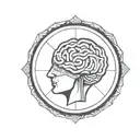 a brain inside a circular frame with geometric patterns shooting from it tattoo design idea