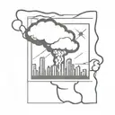 a nuclear explosion mushroom cloud destroying a city in a rectangular picture frame hanging on a wall tattoo design idea