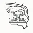 a nuclear explosion mushroom cloud destroying a city in a rectangular picture frame hanging on a wall tattoo design idea