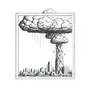a nuclear explosion mushroom cloud destroying a city in a rectangular picture frame hanging on a wall tattoo design idea