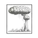 a nuclear explosion mushroom cloud destroying a city in a rectangular picture frame hanging on a wall tattoo design idea