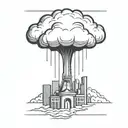 an abstract nuclear explosion mushroom cloud destroying a major city in an abstract black line frame tattoo design idea