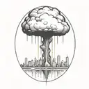 an abstract nuclear explosion mushroom cloud destroying a major city in an abstract black line frame tattoo design idea