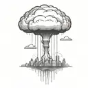 an abstract nuclear explosion mushroom cloud destroying a major city in an abstract black line frame tattoo design idea
