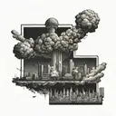 a nuclear explosion mushroom cloud destroying a city in a rectangular picture frame hanging on a wall tattoo design idea