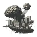 a nuclear explosion mushroom cloud destroying a city in a rectangular picture frame hanging on a wall tattoo design idea