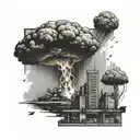 a nuclear explosion mushroom cloud destroying a city in a rectangular picture frame hanging on a wall tattoo design idea