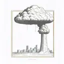 a nuclear explosion mushroom cloud destroying a city in a rectangular picture frame hanging on a wall tattoo design idea
