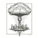 an abstract nuclear explosion mushroom cloud destroying a major city in an abstract black line frame tattoo design idea