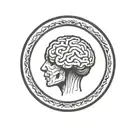 a brain inside a simple thick black line circular frame with geometric patterns shooting from it tattoo design idea