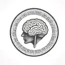 a brain inside a simple thick black line circular frame with geometric patterns shooting from it tattoo design idea