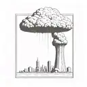 a nuclear explosion mushroom cloud destroying a city in a rectangular picture frame hanging on a wall tattoo design idea