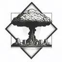 a nuclear explosion mushroom cloud contained within a perfect black square tattoo design idea