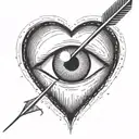 an eyeball with an arrow shooting through it encapsulated in a heart shape black and white tattoo design idea