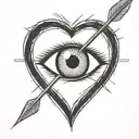 an eyeball with an arrow shooting through it encapsulated in a heart shape black and white tattoo design idea