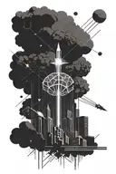 a nuclear explosion mushroom cloud destroying a city using bold black lines and geometric shapes tattoo design idea