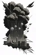 a nuclear explosion mushroom cloud destroying a city using bold black lines and geometric shapes tattoo design idea