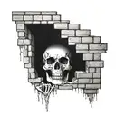 a skeleton hiding and stuck in a brick wall tattoo design idea