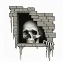 a skeleton hiding and stuck in a brick wall tattoo design idea