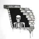 a skeleton hiding and stuck in a brick wall tattoo design idea