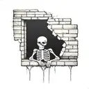a skeleton hiding and stuck in a brick wall tattoo design idea