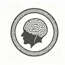 a brain inside a simple thick black line circular frame with geometric patterns shooting from it tattoo design idea