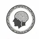 a brain inside a simple thick black line circular frame with geometric patterns shooting from it tattoo design idea