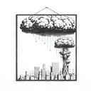 a nuclear explosion mushroom cloud destroying a city in a rectangular picture frame hanging on a wall tattoo design idea