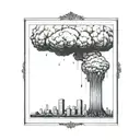 a nuclear explosion mushroom cloud destroying a city in a rectangular picture frame hanging on a wall tattoo design idea