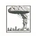 a nuclear explosion mushroom cloud destroying a city in a rectangular picture frame hanging on a wall tattoo design idea