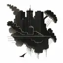 a nuclear explosion mushroom cloud destroying a city in a rectangular picture frame hanging on a wall tattoo design idea