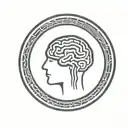 a brain inside a simple thick black line circular frame with geometric patterns shooting from it tattoo design idea