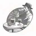 a very simple line illustration of a close up person drinking sangria in a park. drinking from a wine glass, in a circle tattoo design idea